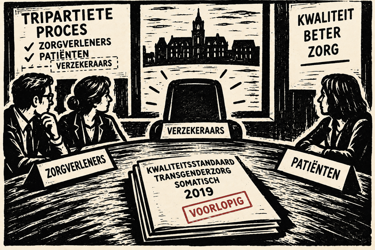 Illustratie van een vergadertafel: zorgverleners en patiënten aan tafel, een lege stoel voor verzekeraars, met de Kwaliteitsstandaard Transgenderzorg Somatisch 2019 gestempeld als voorlopig