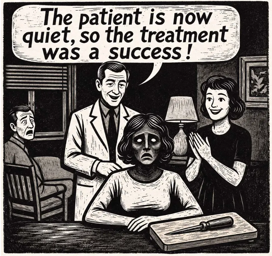 Cartoon: 'The patient is now quiet, so the treatment was a success!'
